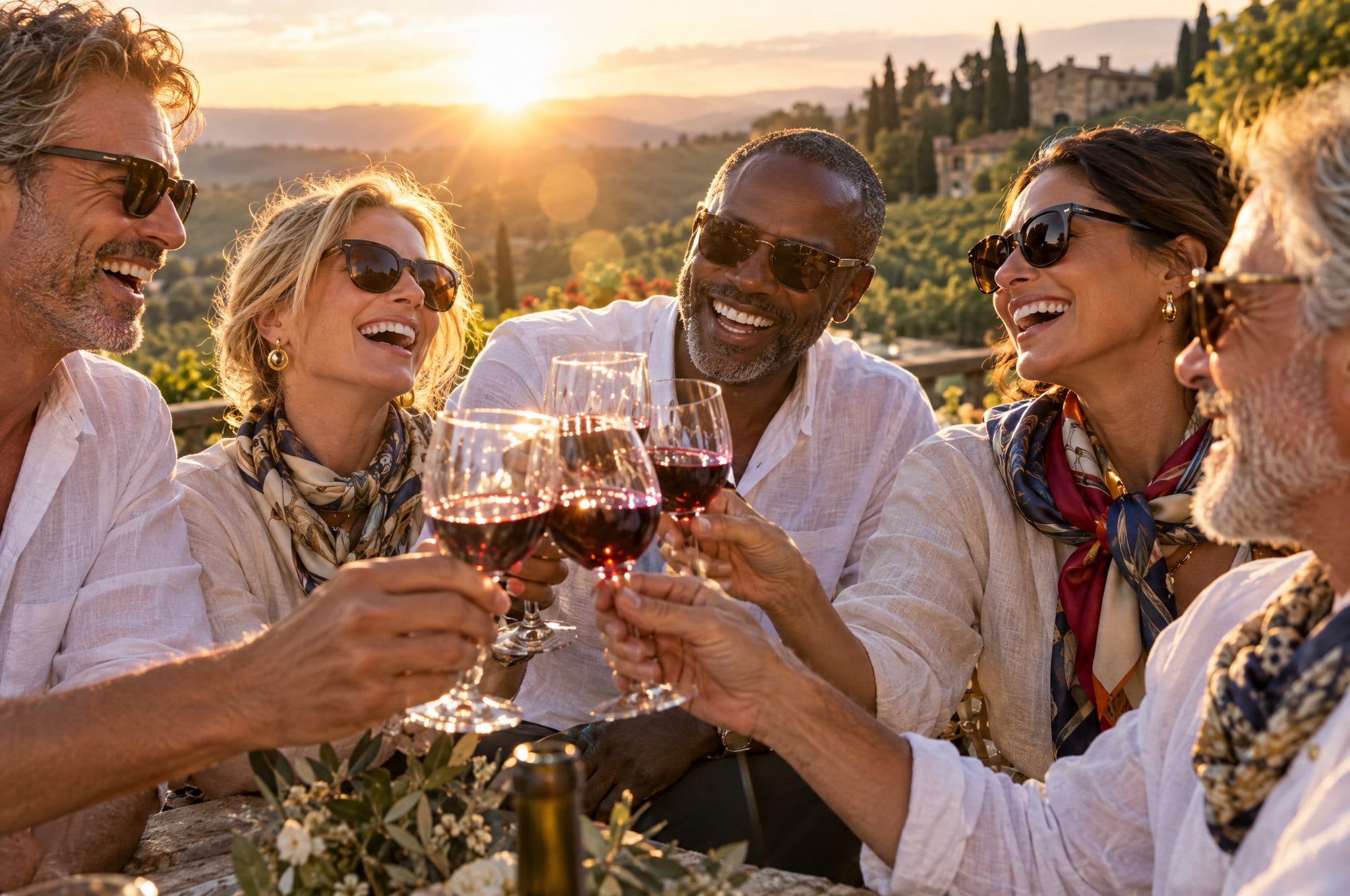Friends clinking glasses of red wine at sunset